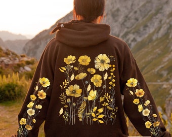 Wildflowers Hoodie, Boho Cottagecore Floral Hoodie, Botanical Flowers Hooded Sweatshirt, Butterfly Garden Insect Sweatshirt, Flower Lover