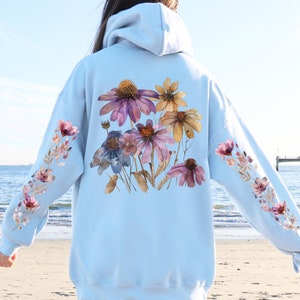 Wildflowers Hoodie Boho Cottagecore Floral Hoodie Botanical Flowers Hooded Sweatshirt Nature Pullover Flower Lover Gift Printed Sleeves