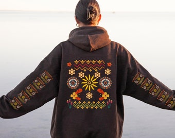 Sudadera con capucha floral ojibwa con estampado en las mangas y espalda, estampado floral tribal indígena, ropa nativa colorida