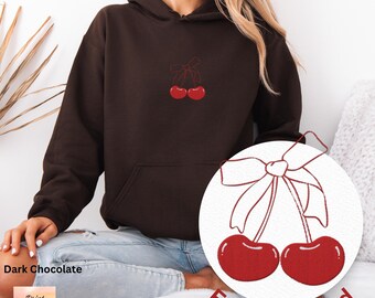 Embroidered Cherry Hoodie, Cherry Coquette Hooded Sweatshirt