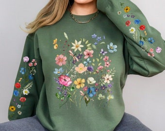 Wildflowers Sweatshirt, Printed Sleeve, Boho Cottagecore Floral Sweater, Botanical Flowers Shirt, Nature Pullover Crewneck Flower Lover Gift