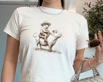 Funny Mouse Riding Capybara Baby Tee, Retro Vintage Y2K T-Shirt, 90s Style Womens Shirt, Cute Capybara Shirt