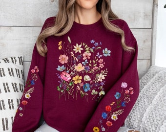 Wildflowers Sweatshirt, Printed Sleeve, Boho Cottagecore Floral Sweater, Botanical Flowers Shirt, Nature Pullover Crewneck Flower Lover Gift