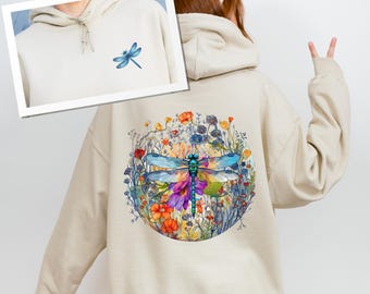 Dragonfly Wildflower Hoodie Front and Back Print, Gift for Insect Lovers, Flower Lover Gift, Hooded Sweatshirt