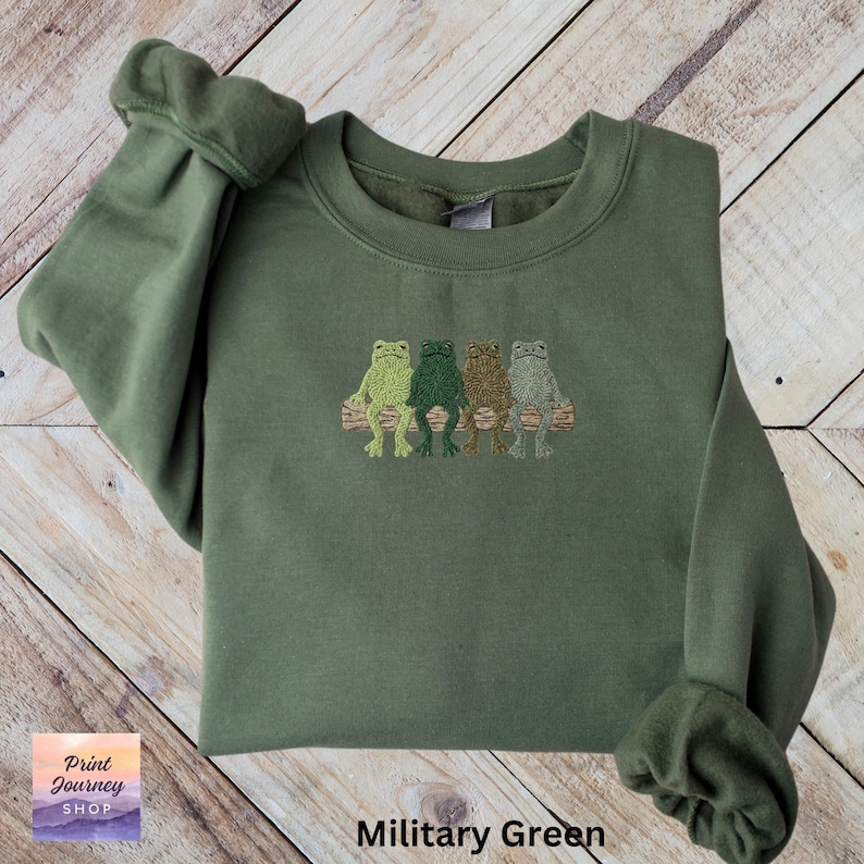 Frog Sweatshirt, Cute Frog Shirt, Green Embroidered Sweater, Whimsical Frog Jumper, Cozy Frog Top, Animal Lover Gift Idea, Military Green