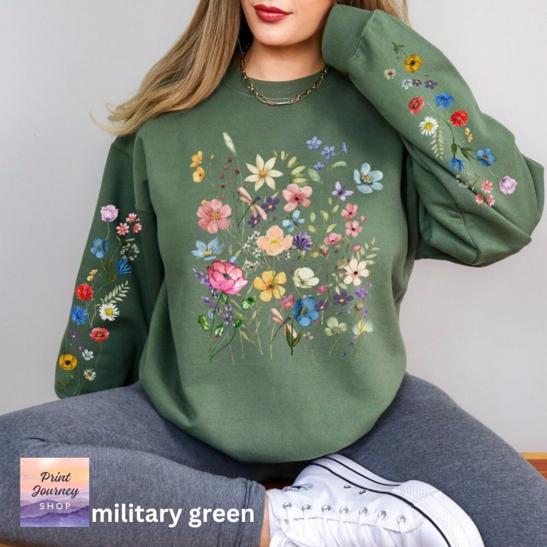Wildflowers Sweatshirt, Printed Sleeve, Boho Cottagecore Floral Sweater ...
