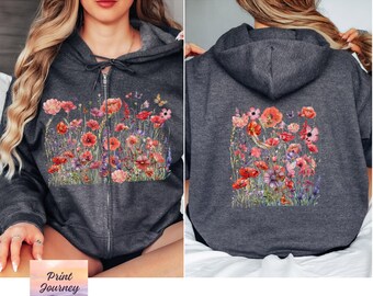 Wildflower Zip Hoodie, Red California Poppy Hooded