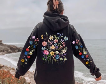 Sweat à capuche imprimé fleurs sauvages dans le dos et manches, sweat à capuche fleurs botaniques bohème cottagecore, pull nature pour elle