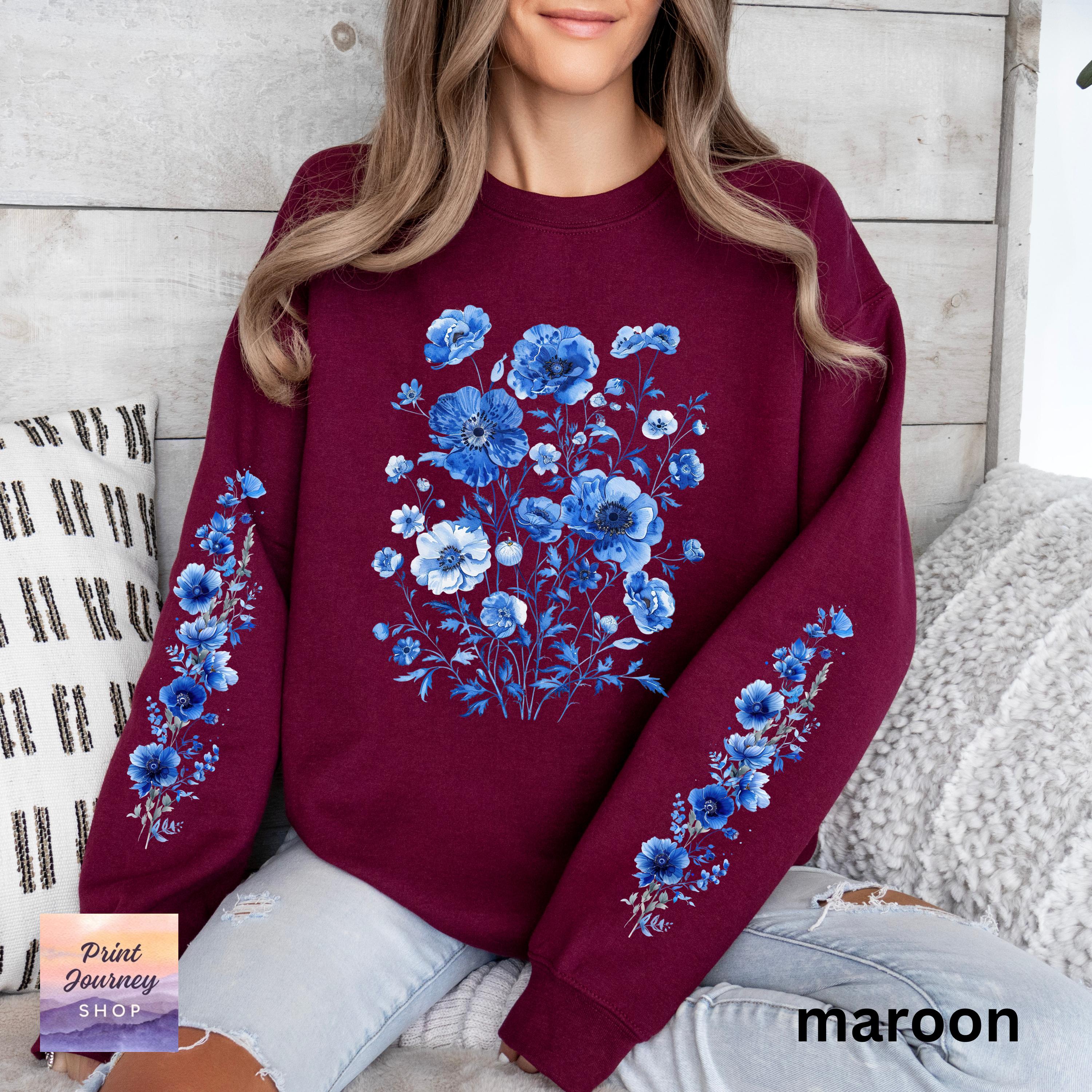 Blue Chinoiserie Flowers Sweatshirt, Toile De Jouy Boho