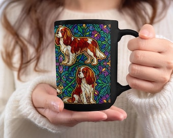 Cavalier King Charles Spaniel Mug, Faux Stained Glass, Dog Lover Gift, Cute Puppy Coffee Cup, Cavalier Art