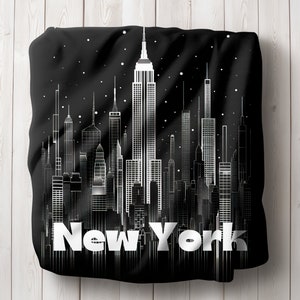 May include: Black and white illustration of the New York City skyline with the text "New York" at the bottom. The illustration is on a black background.