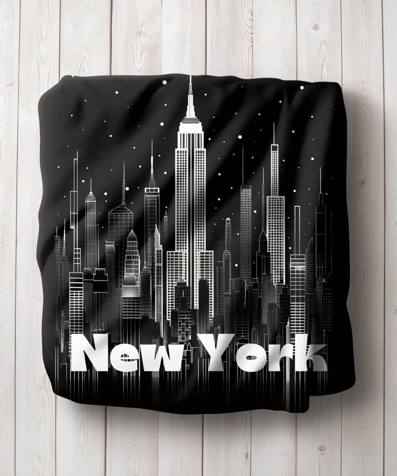 May include: Black and white illustration of the New York City skyline with the text "New York" at the bottom. The illustration is on a black background.