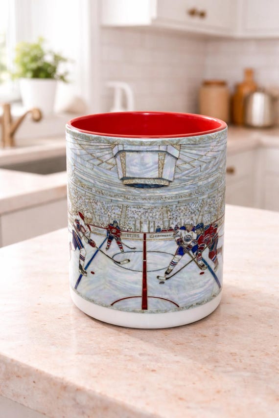 Ice Hockey Mug, Faux Stained Glass Hockey Coffee Cup, Ice Hockey Fan Mug, Sports Art Mug