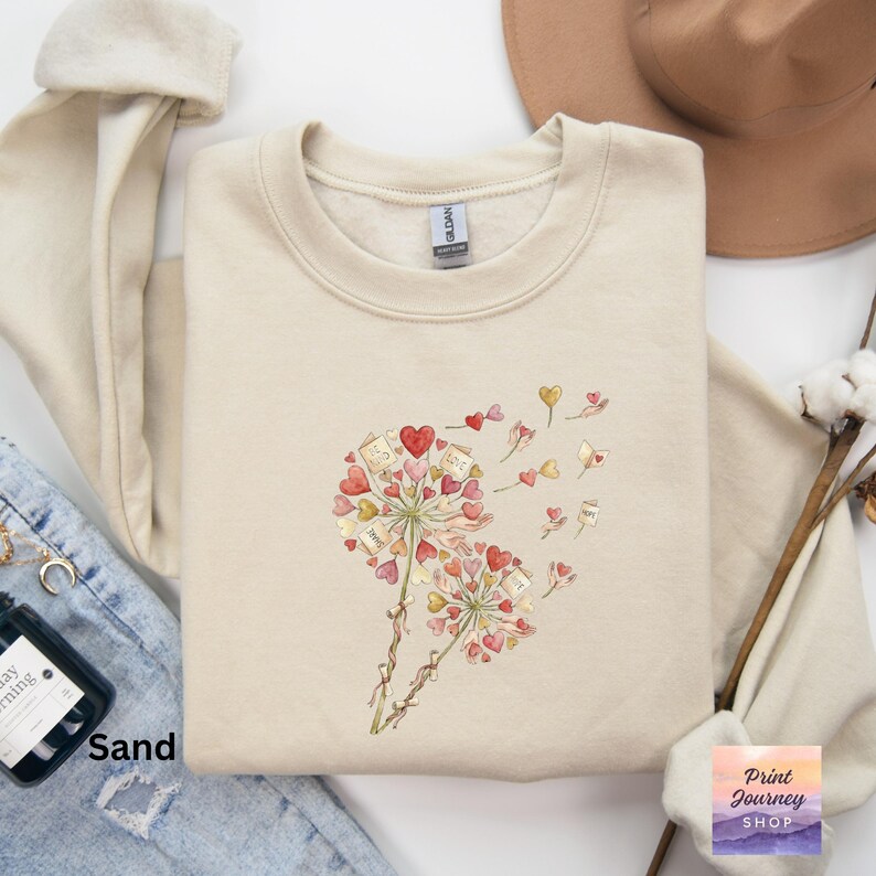 Cute Dandelion Graphic Sweatshirt, Hearts and Notes Design, Cozy Casual Pullover, Gift for Her, Stylish and Comfortable Top