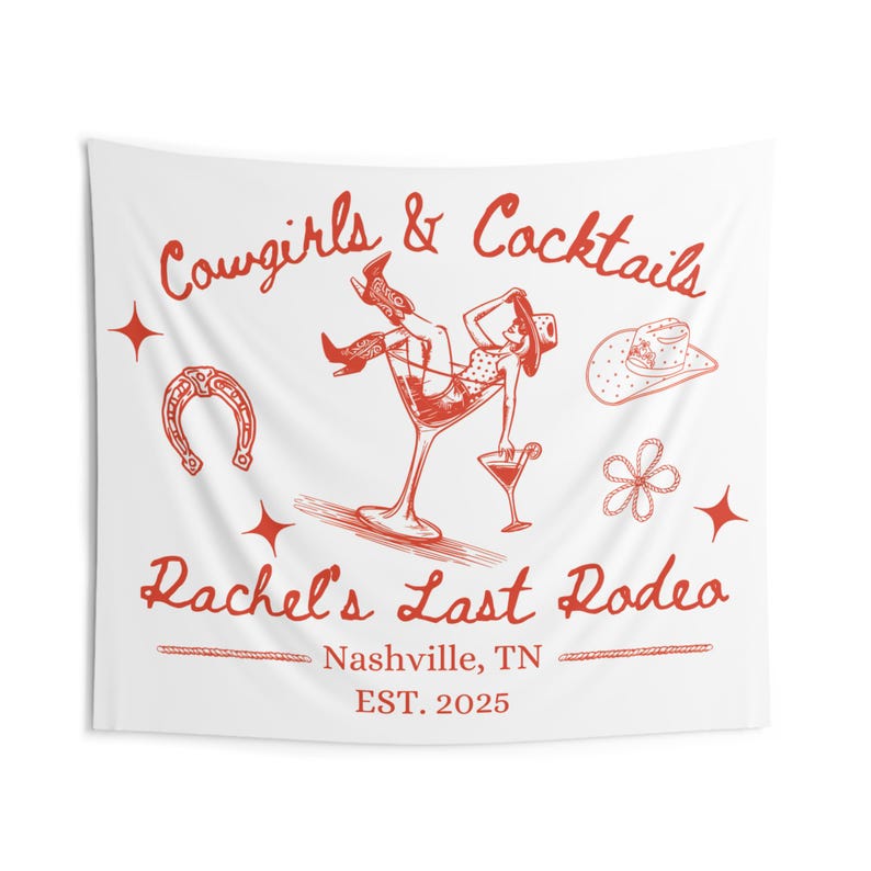 Personalized Cowgirls and Cocktails Bachelorette Party Banner, Custom Western Bridal Shower Tapestry, Country Bach Party Nashville Backdrop Bild 5