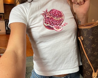 90s Baby Tee Y2K Style Watercolor Pomegranate Graphic T-Shirt, Retro Aesthetic Casual Top, Summer Fruit Print Shirt for Her