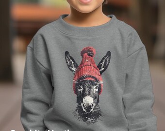 May include: A gray sweatshirt with a graphic of a donkey wearing a red knit hat with a white pom-pom. The text "Graphite Heather" is printed on the bottom of the sweatshirt.
