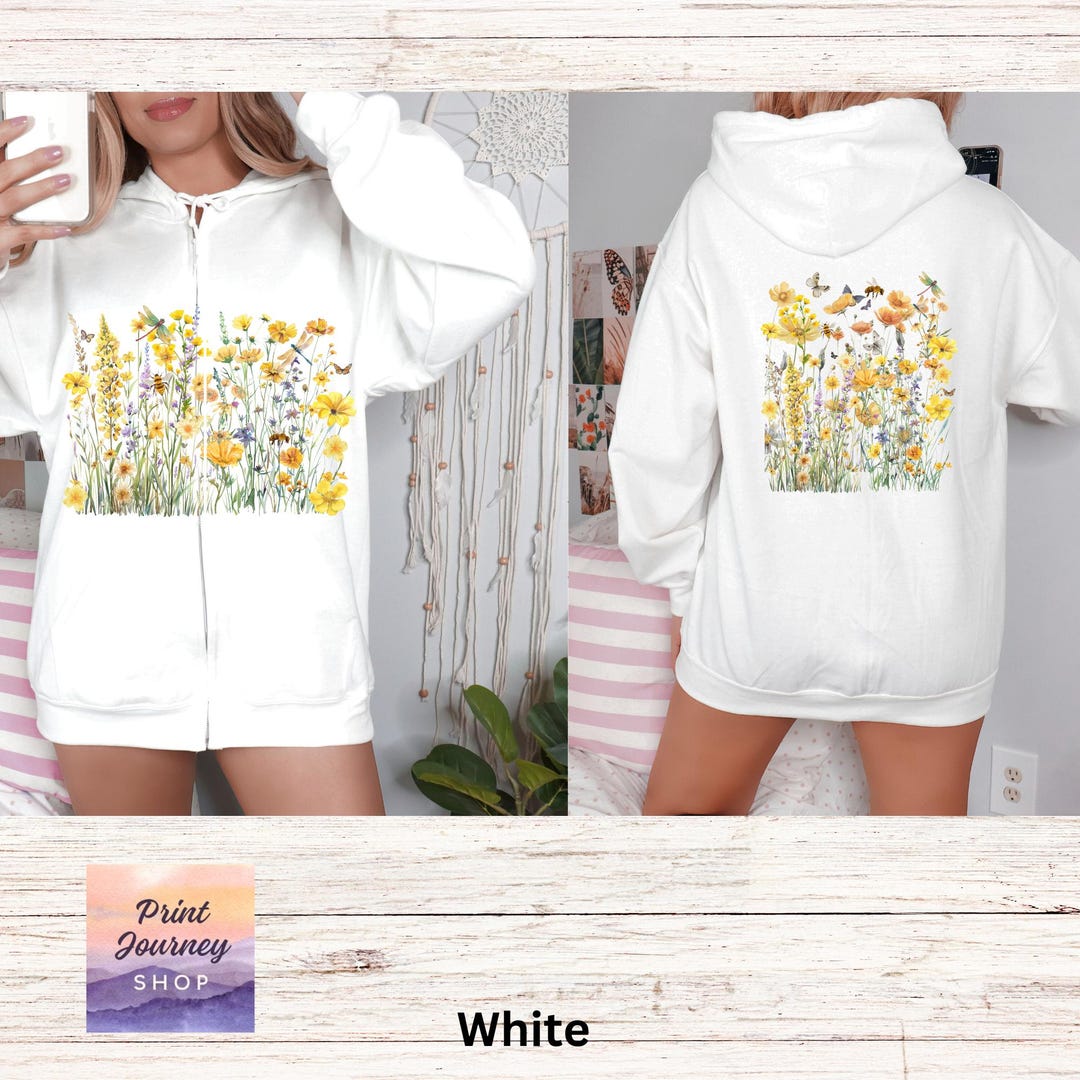 Pressed Yellow Wildflower Zip Hoodie, Pastel Botanical Floral Sweater ...