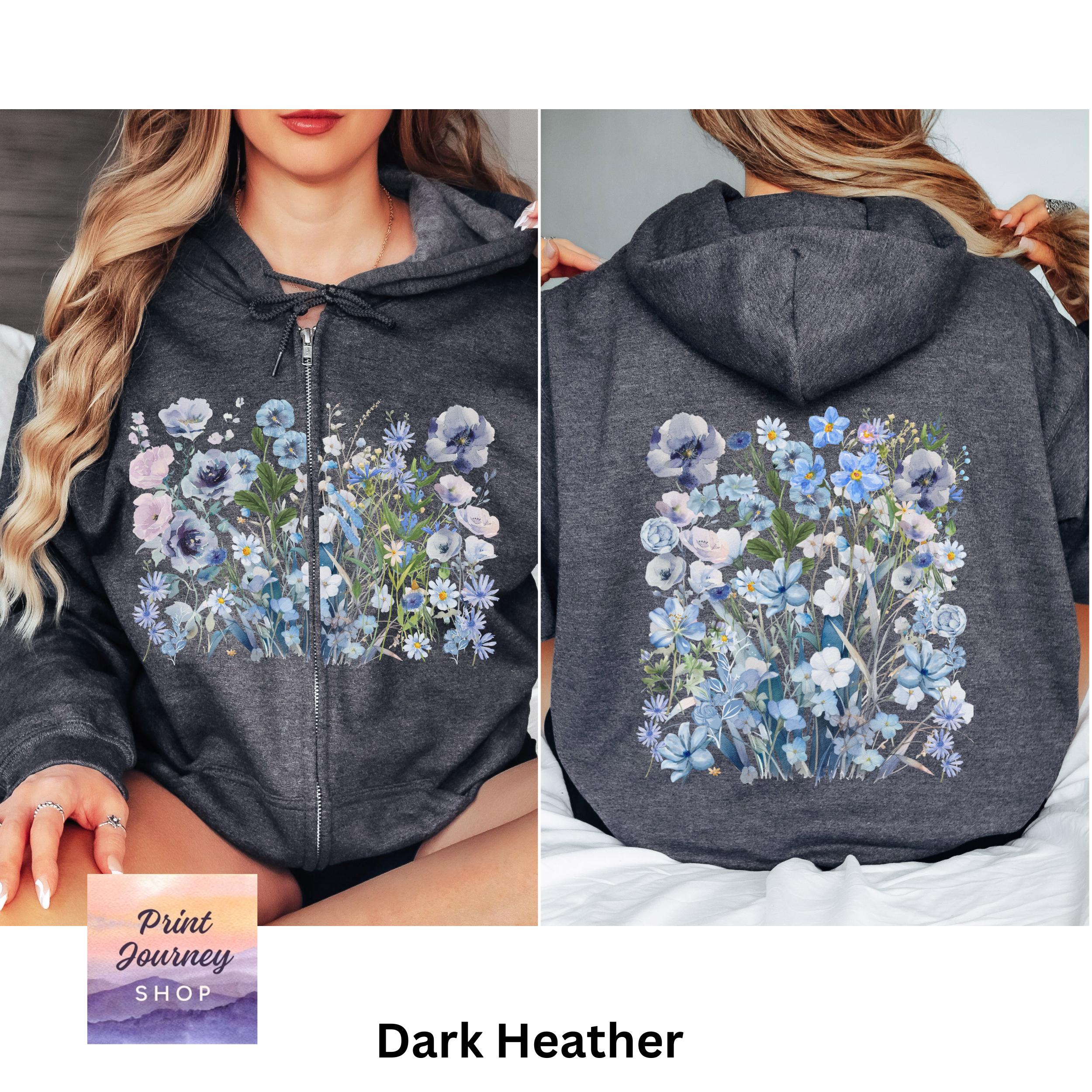Wildflowers Zip Hoodie, Front and Back Print, Boho