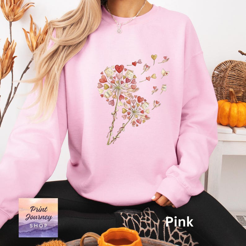 Pink sweatshirt with floral heart dandelions, cozy fall fashion, cute comfy casual wear, gift idea for her, trendy autumn outfit