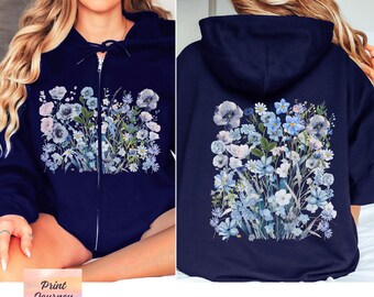 【BAON】[unisex] Aoi flower printing 2-way over hood zip-up Bold Boho Floral Hoodie Wildflower Zip-up Women's Hooded