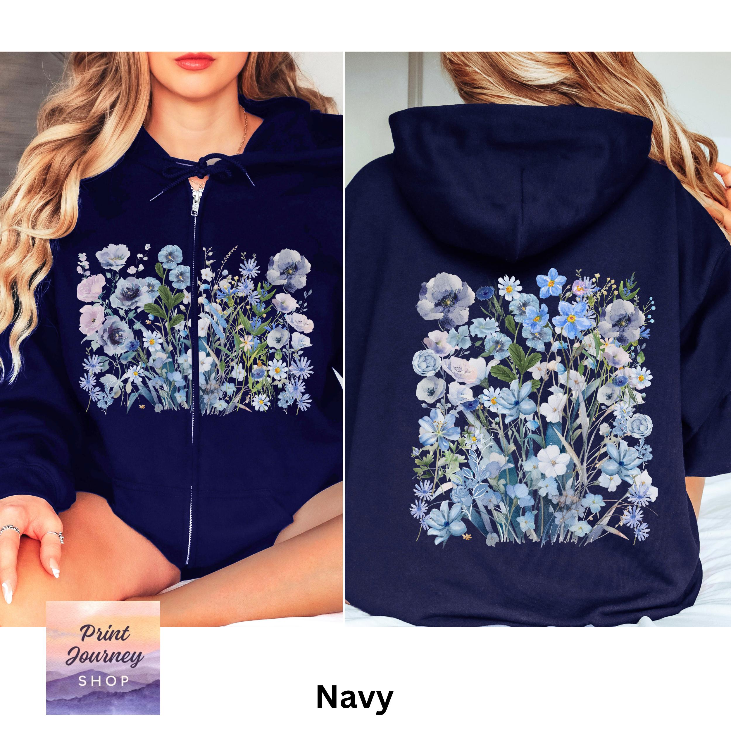 Wildflowers Zip Hoodie, Front and Back Print, Boho