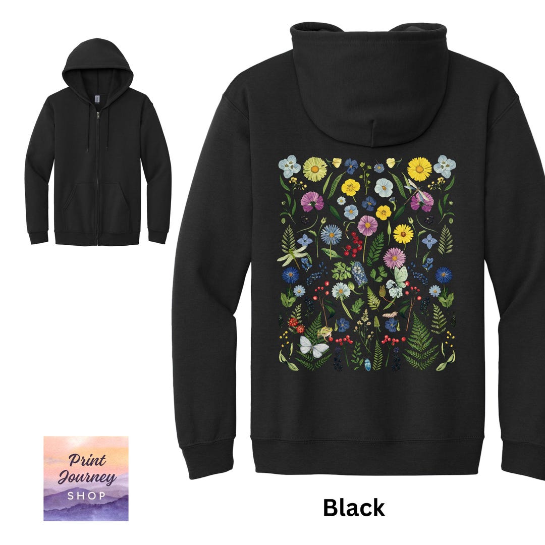 Vintage Pressed Wildflower Zip Hoodie, Botanical Floral Hooded Sweater ...
