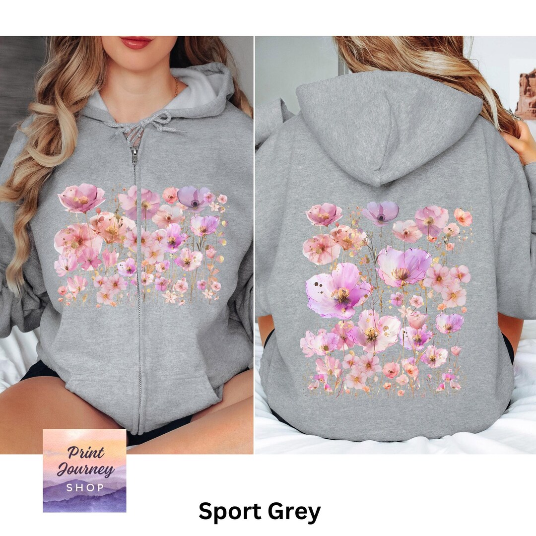Vintage Pressed Pink Wildflower Zip Hoodie, Pastel Botanical Floral ...