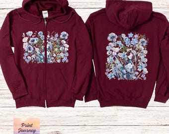 Wildflowers Zip Hoodie, Front and Back Print, Boho