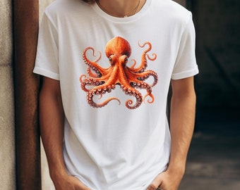 タコTシャツ、日本の水彩画タコTシャツ、海の生き物タコTシャツ、ユニ