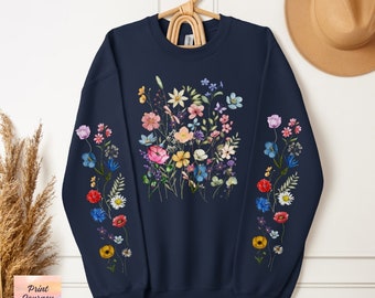 Wildflowers Sweatshirt, Printed Sleeve, Boho Cottagecore Floral Sweater, Botanical Flowers Shirt, Nature Pullover Crewneck Flower Lover Gift