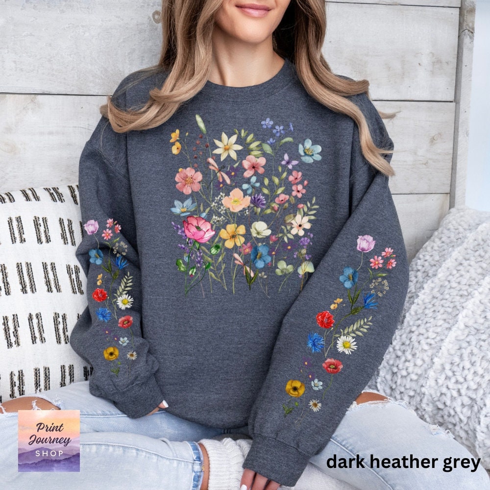Wildflowers Sweatshirt, Printed Sleeve, Boho Cottagecore Floral Sweater ...