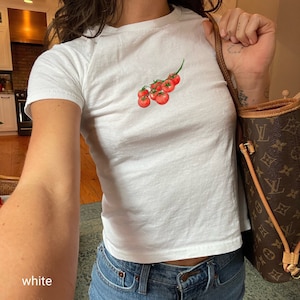 Retro Tomato Graphic Tee, Tomato Girl Baby Tee, Coquette Baby Tee, 90s Baby T-Shirt, Y2K Aesthetic, Vintage Fruit Print, Foodie Shirt image 1