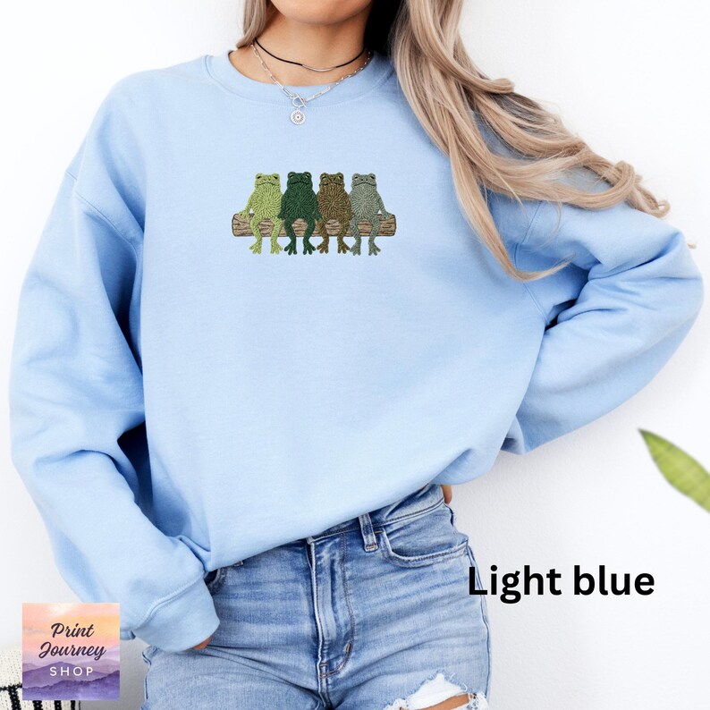 Frog Print Sweatshirt, Cute Frog Shirt, Frog Lovers Gift, Cozy Frog Sweater, Casual Frog Top, Light Blue Pullover, Cute Animal Shirt