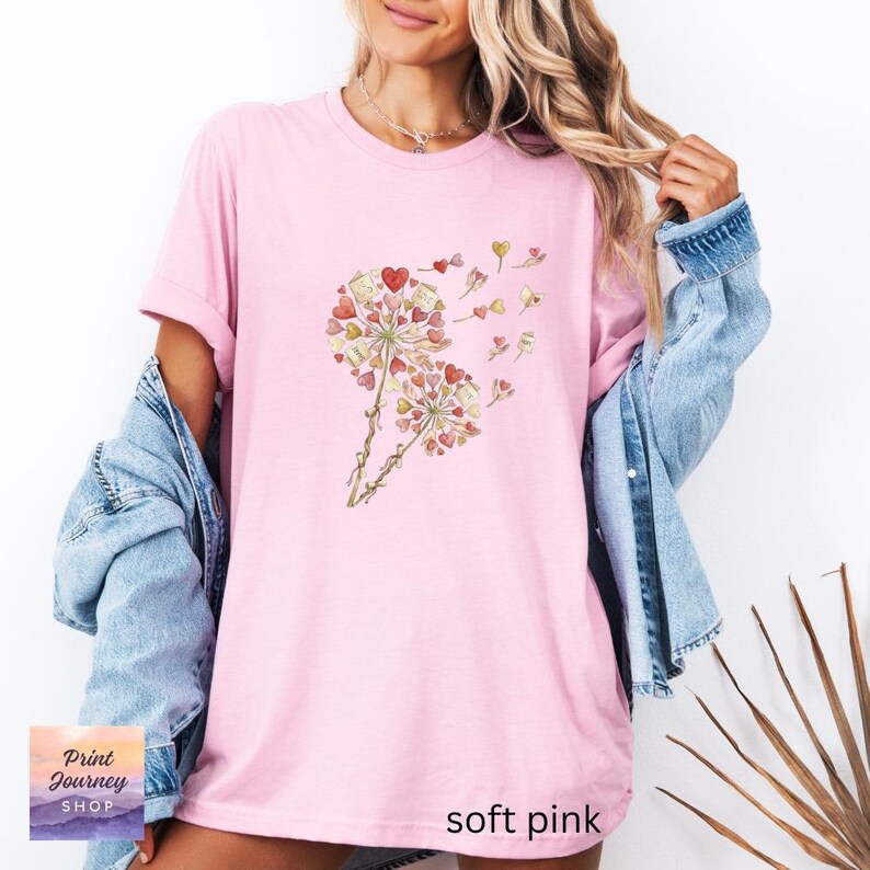 Dandelion Heart Graphic Tee Shirt, Soft Pink T-Shirt for Women, Cute Dandelion Blossom Shirt, Casual Short Sleeve Top, Summer Tee