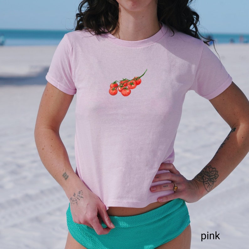 Retro Tomato Graphic Tee, Tomato Girl Baby Tee, Coquette Baby Tee, 90s Baby T-Shirt, Y2K Aesthetic, Vintage Fruit Print, Foodie Shirt image 4