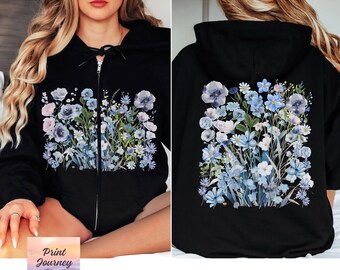 Wildflowers Zip Hoodie, Front and Back Print, Boho