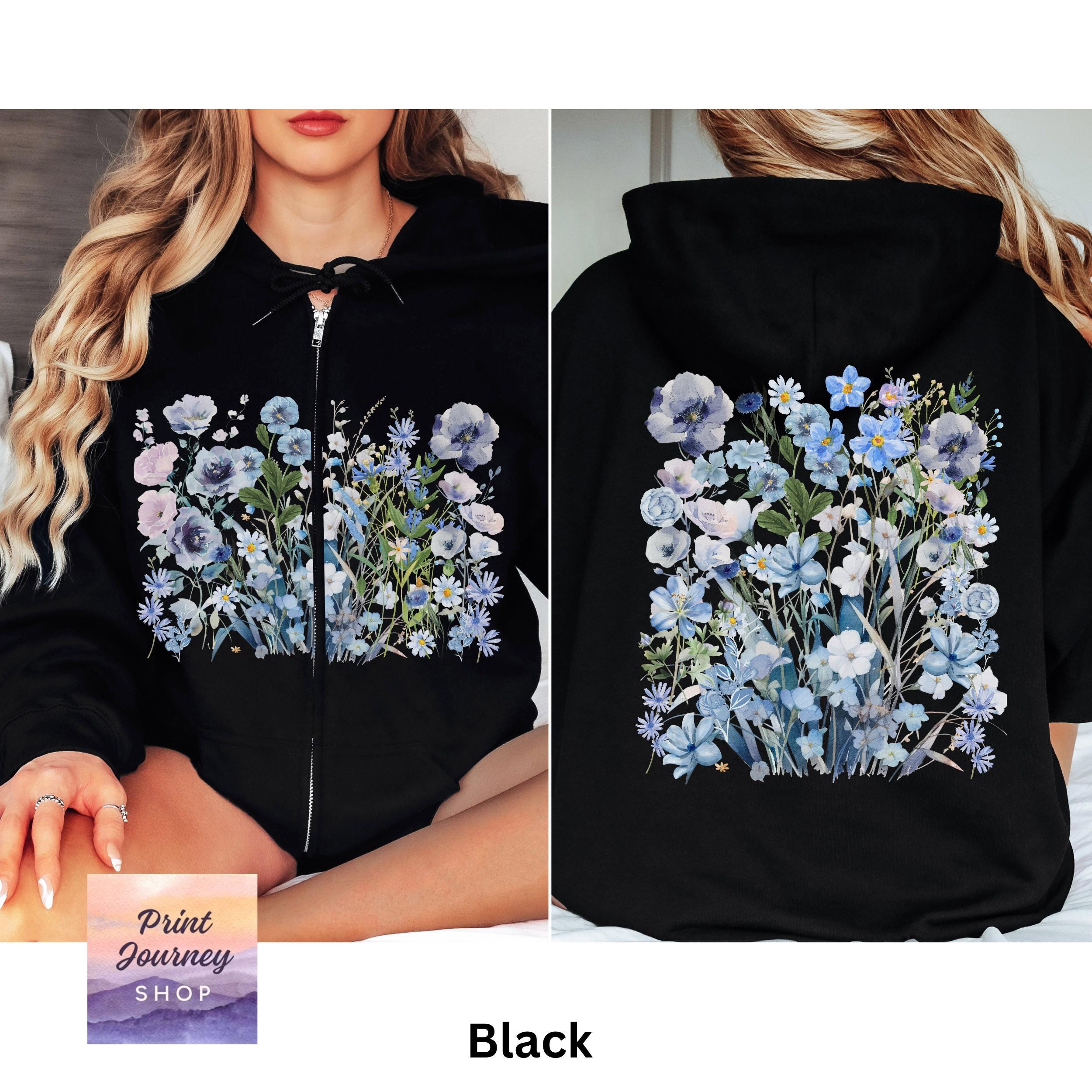 Wildflowers Zip Hoodie, Front and Back Print, Boho