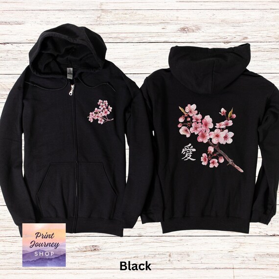 Japanese Cherry Blossom Zip Hoodie, Sakura Hoodie, Japanese