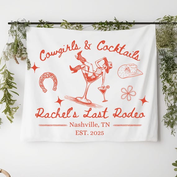 Personalized Cowgirls and Cocktails Bachelorette Party Banner, Custom Western Bridal Shower Tapestry, Country Bach Party Nashville Backdrop