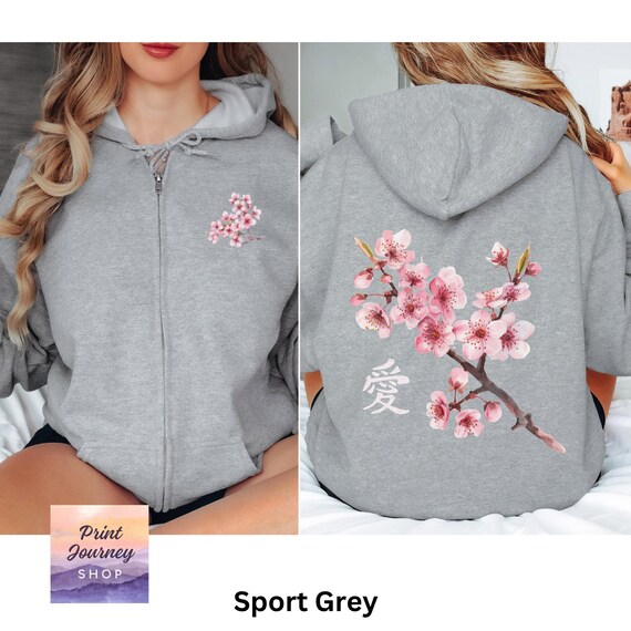 Japanese Cherry Blossom Zip Hoodie, Sakura Hoodie, Japan Gift