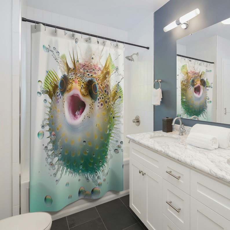 Nautical Decor, Puffer Fish Shower Curtain, Octopus Bathroom Decor, Kids Shower Curtain, Fun Shower Curtain, Polyester Fabric image 2
