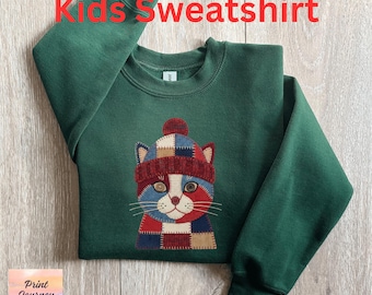 Patchwork Kitten Sweatshirt, Cute Cat, Cozy Kids Sweatshirt, Faux Quilted Cat, Animal Lover Gift, Unique Sweatshirt