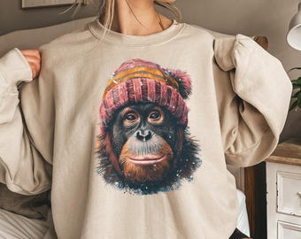 Cozy Sweatshirt with Cute Monkey Print, Funny Animal Lover Gift, Trendy Chimpanzee Winter Crewneck for Men and Women