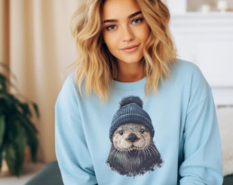 Cute Otter Sweatshirt, Winter Animal Graphic, Cozy Crewneck, Fun Otter Lover Gift, Unique Otter Art Pullover, Plush Warm Sweater