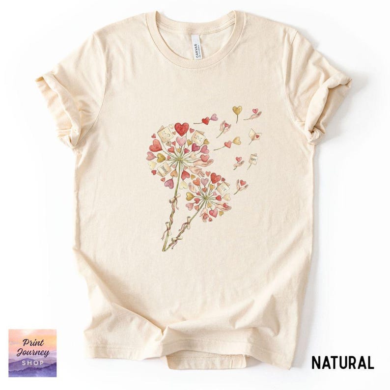 Dandelion Heart Letters Tee, Cute Graphic T-Shirt, Love Notes Shirt, Valentine's Day Gift, Casual Summer Top, Women's Short Sleeve