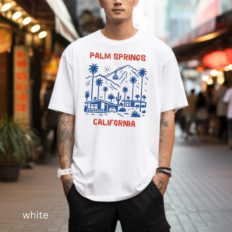 Palm Springs California graphic t-shirt, casual streetwear tee, summer vacation top, trendy urban apparel, gift for him