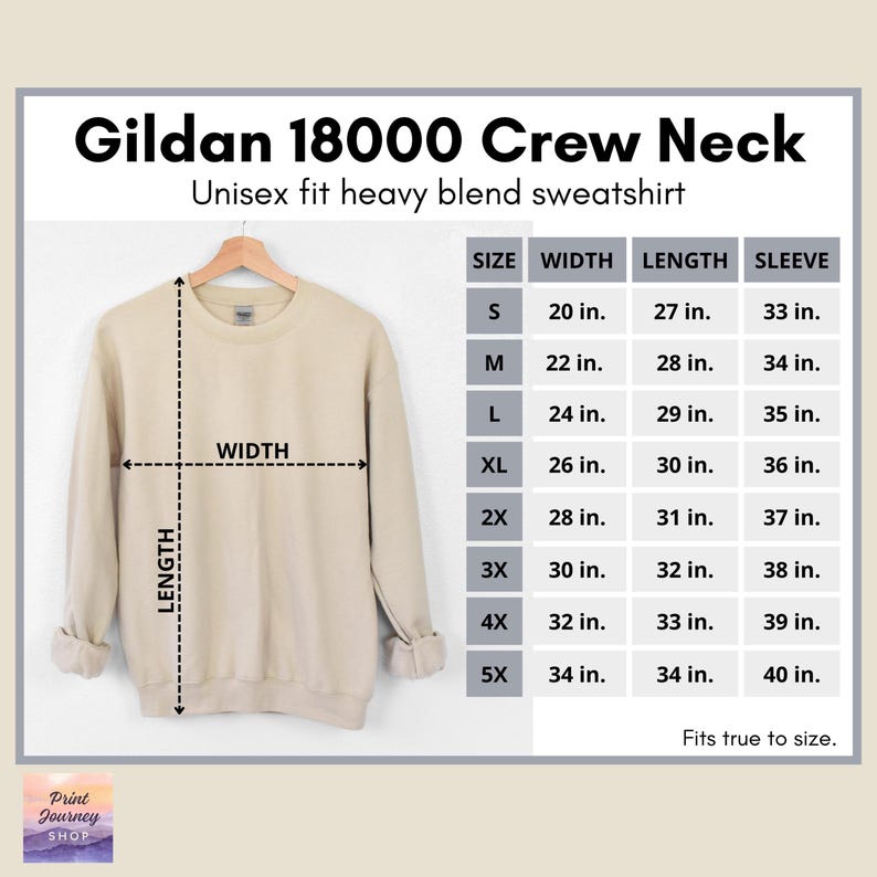May include: A beige Gildan 18000 crew neck sweatshirt displayed on a hanger. The image includes a size chart with measurements in inches for width, length, and sleeve length, ranging from size small to 5X.