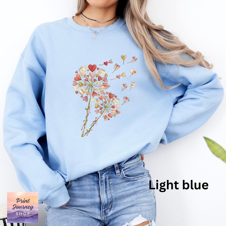 Dandelion Heart Print Sweatshirt, Cute Flower Graphic Pullover, Light Blue Casual Top, Trendy Cozy Sweater, Women's Stylish Apparel