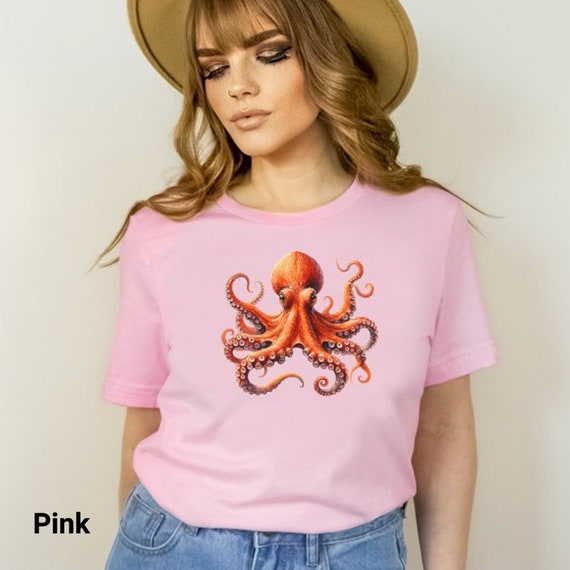 タコTシャツ、日本の水彩画タコTシャツ、海の生き物タコTシャツ、ユニ